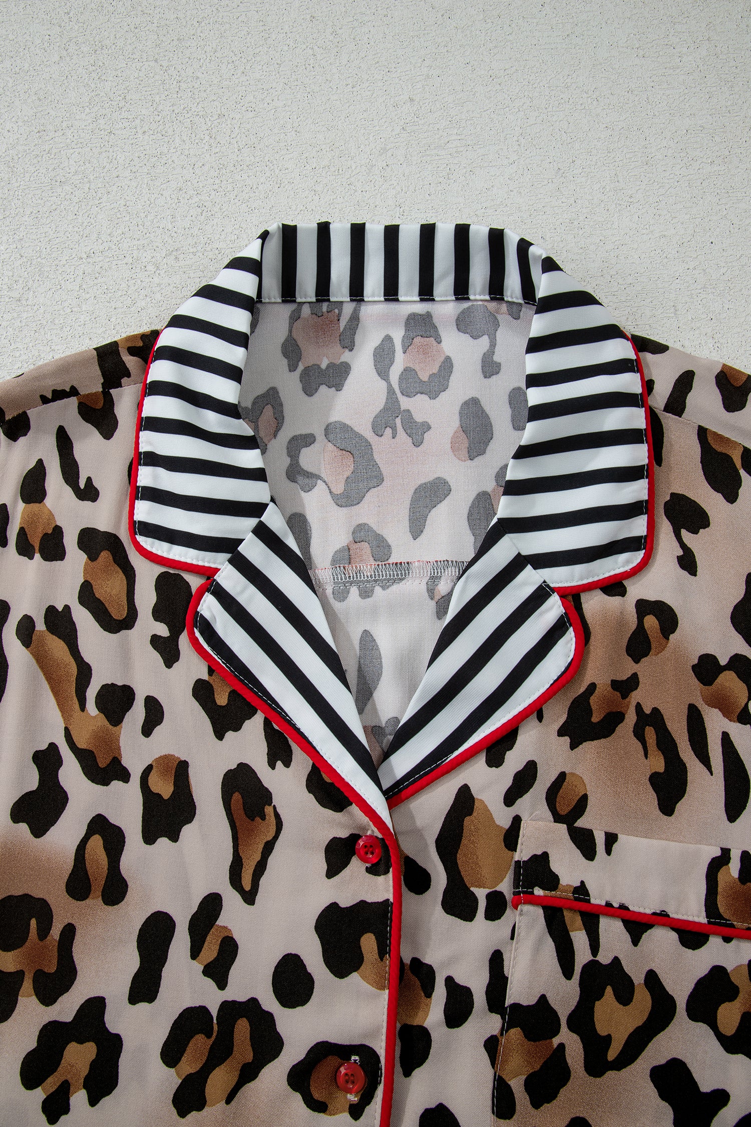 Khaki Plus Leopard Print Contrast Piping Striped Patchwork 2pcs Long Pajama Set