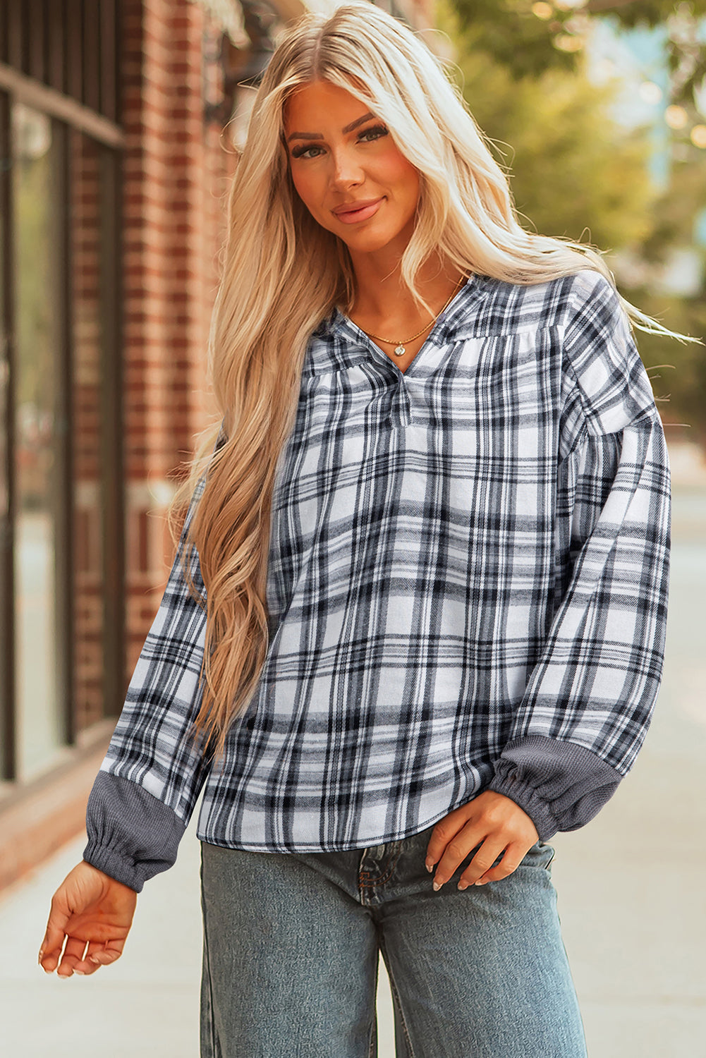 Gray Plaid Patchwork Long Sleeve Button Hooded Blouse