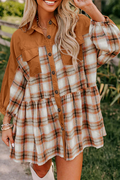 Khaki Plaid Color Block Patchwork Ruffle Hem Tunic Shirt Dress