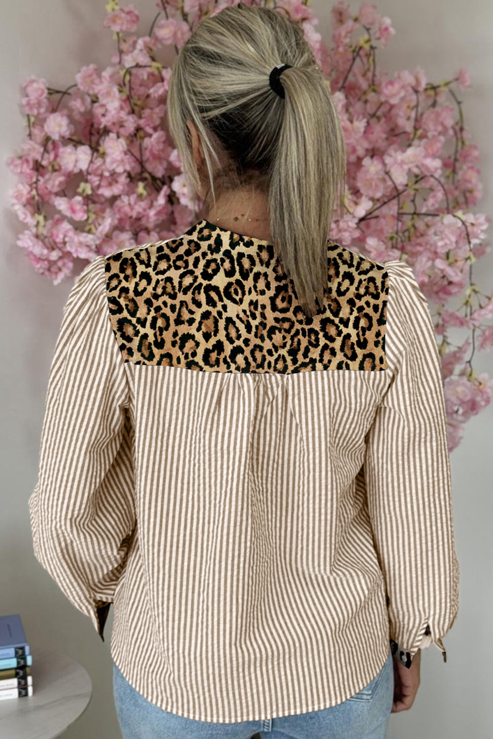 Brown Stripe Leopard Patchwork Long Sleeve Shirt