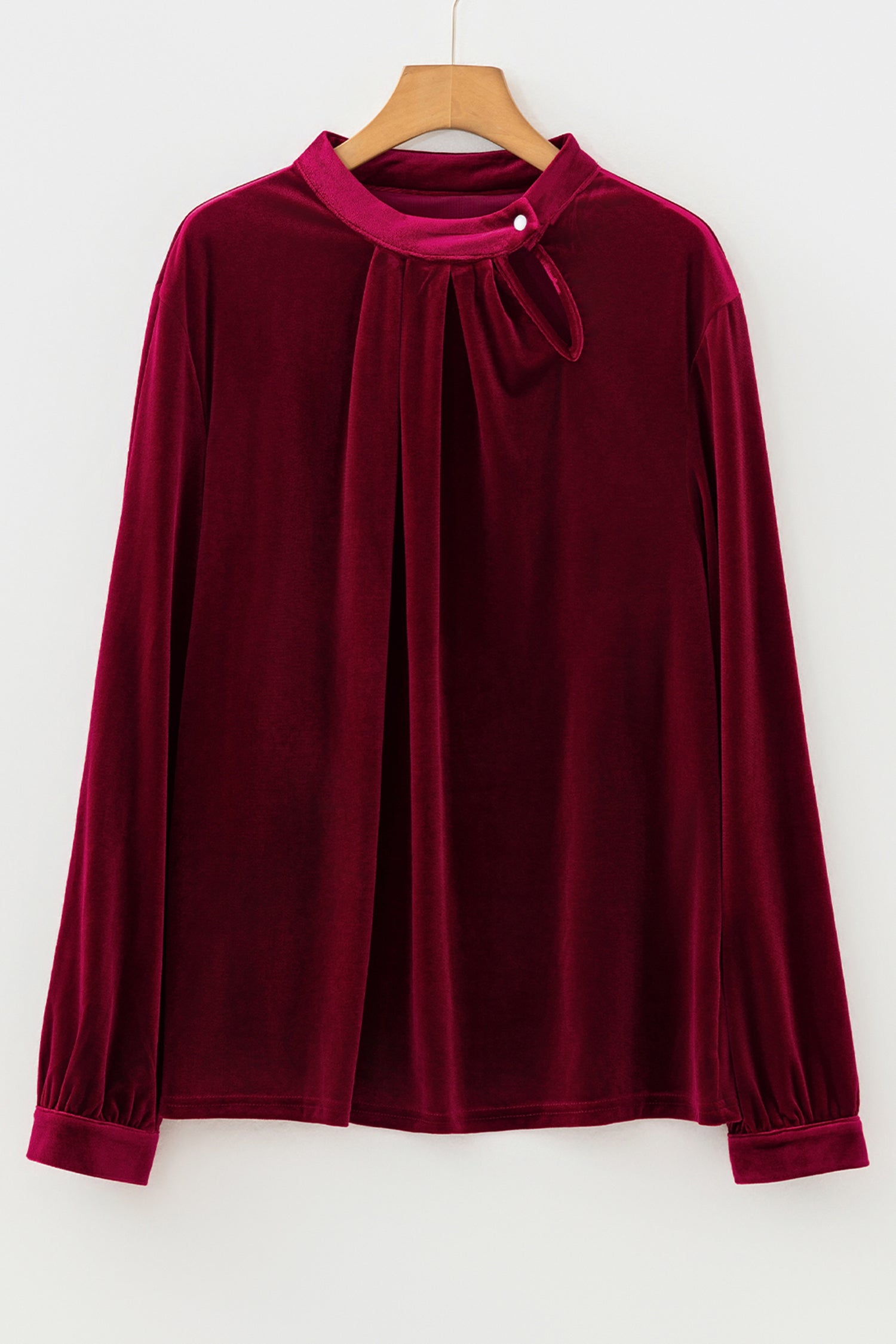 Red Dahlia Asymmetric Button Keyhole Neck Long Sleeve Velvet Blouse