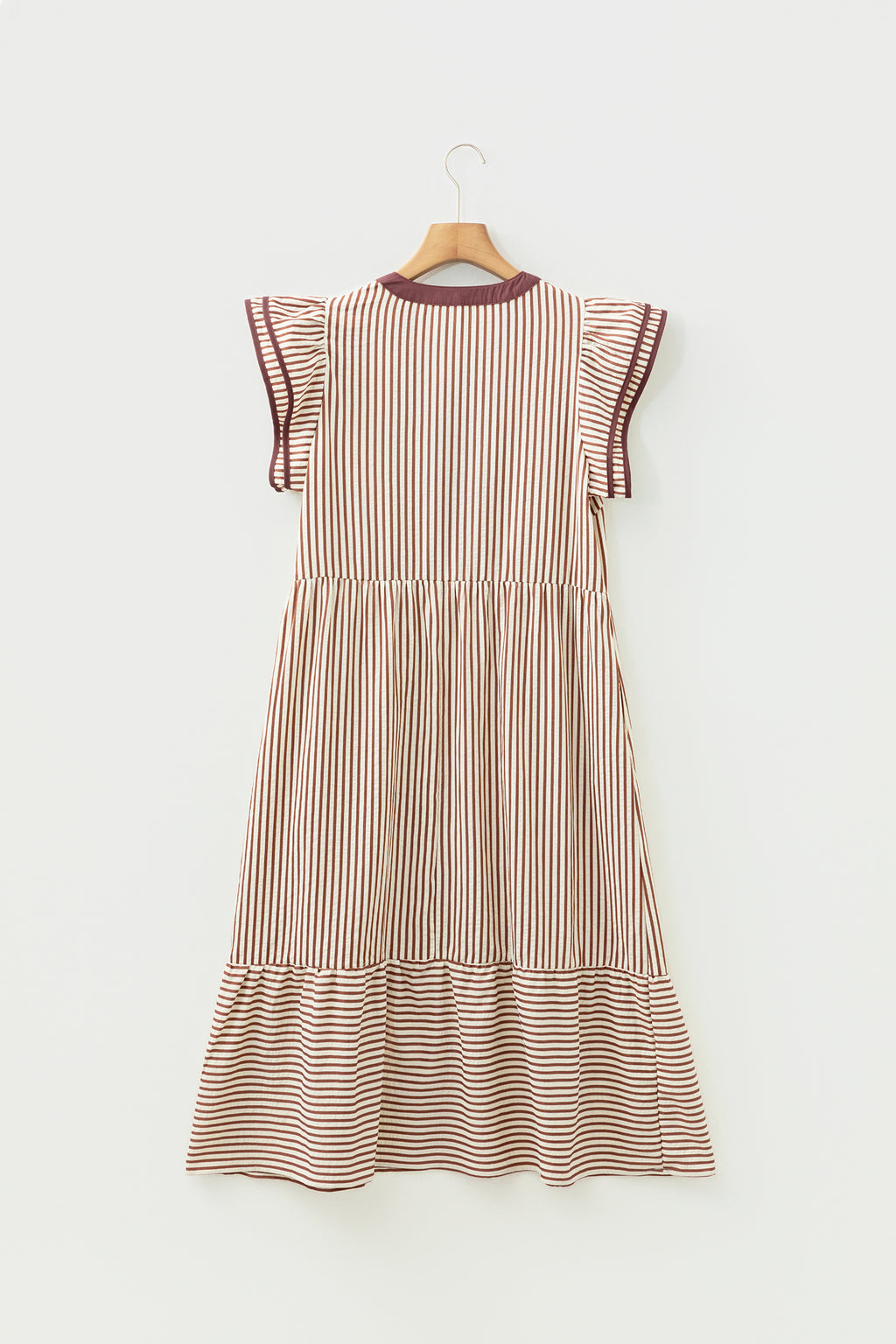 Brown Stripe Double Ruffled Short Sleeve Contrast Trim V Neck Midi Dress