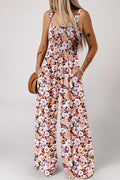 Black Floral Print Smocked High Waist Square Neck Jumpsuit