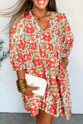 Red Floral Print Ricrac Trim V Neck 3/4 Sleeve Loose Mini Dress
