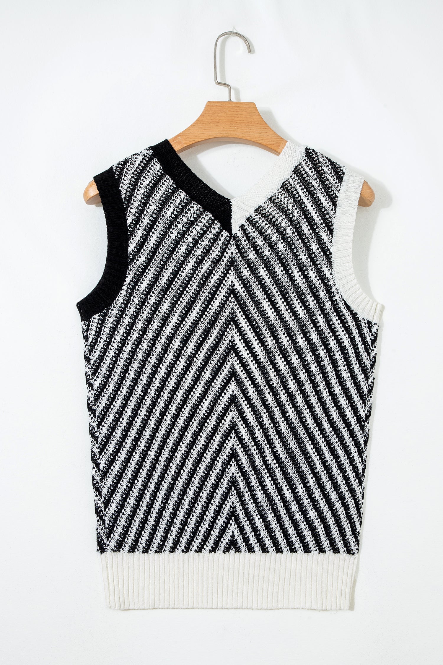 Black Contrast Chevron Knit V Neck Sweater Vest