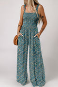 Green Floral Print Smocked High Waist Square Neck Jumpsuit