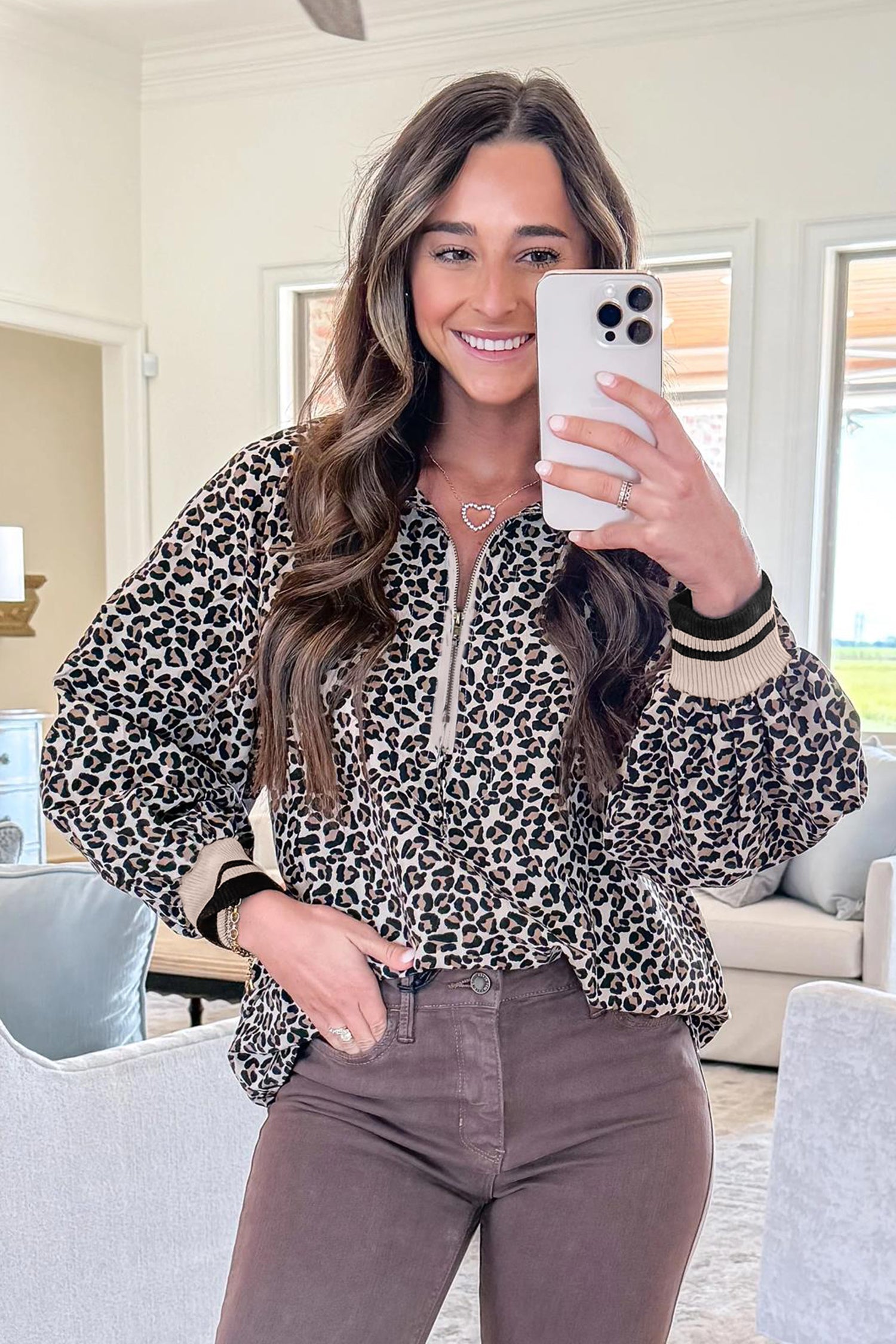 Khaki Leopard Print Half Zip up Blouse