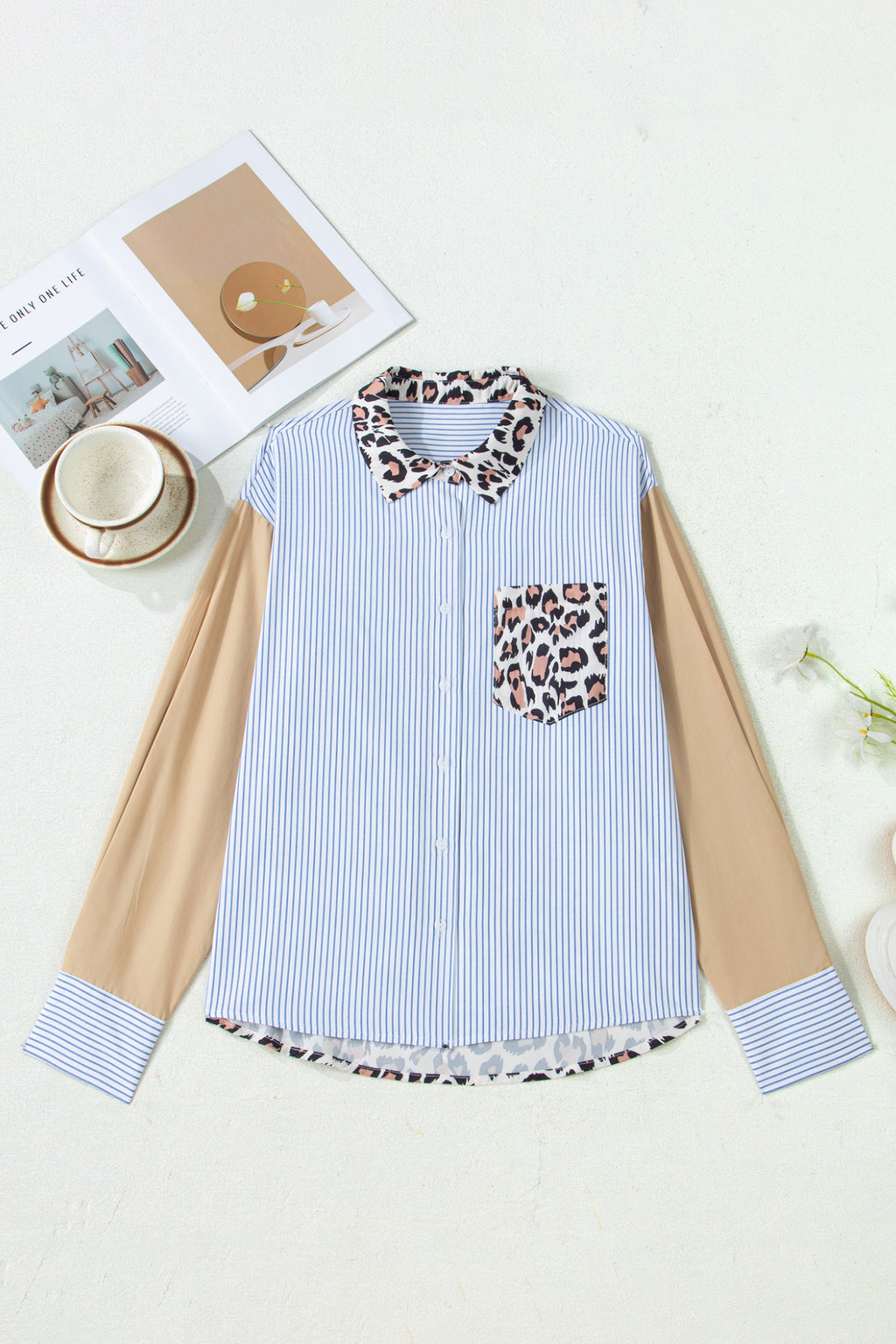 Sky Blue Stripe Colorblock Leopard Patchwork Chest Pocket Cuffed Sleeve Shirt