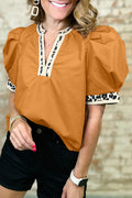 Buckskin Contrast Leopard Trim Split Neck Puff Sleeve Blouse