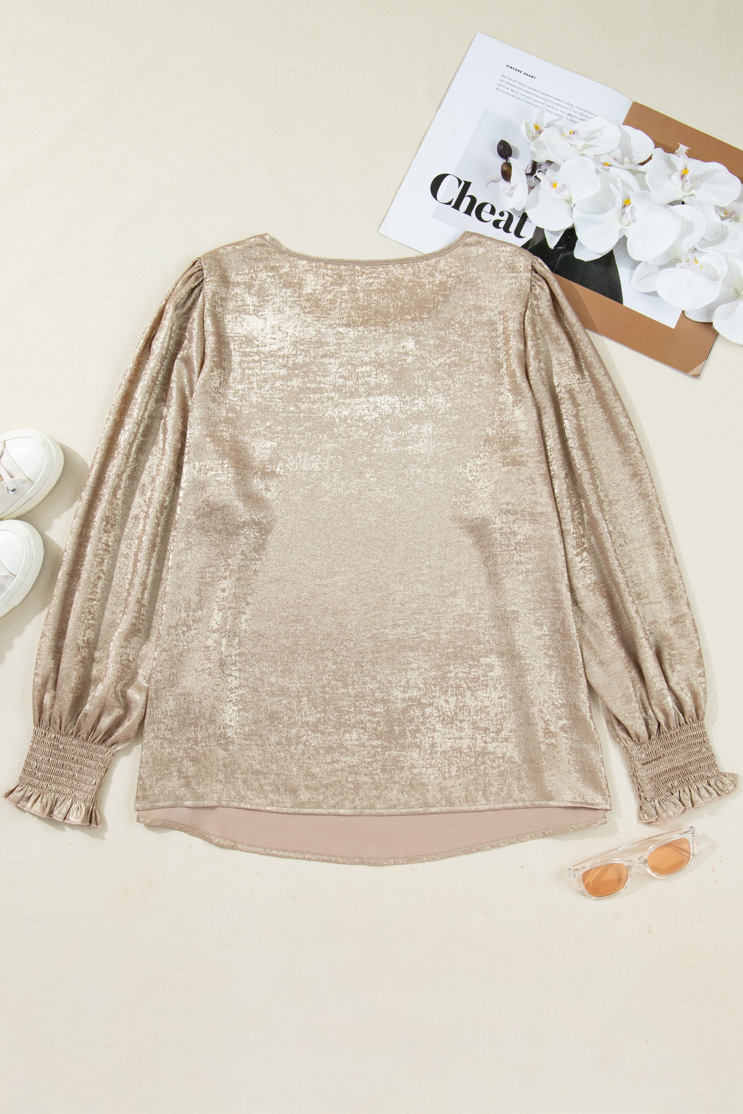 Apricot Plus Size Metallic Long Flounce Sleeve Blouse