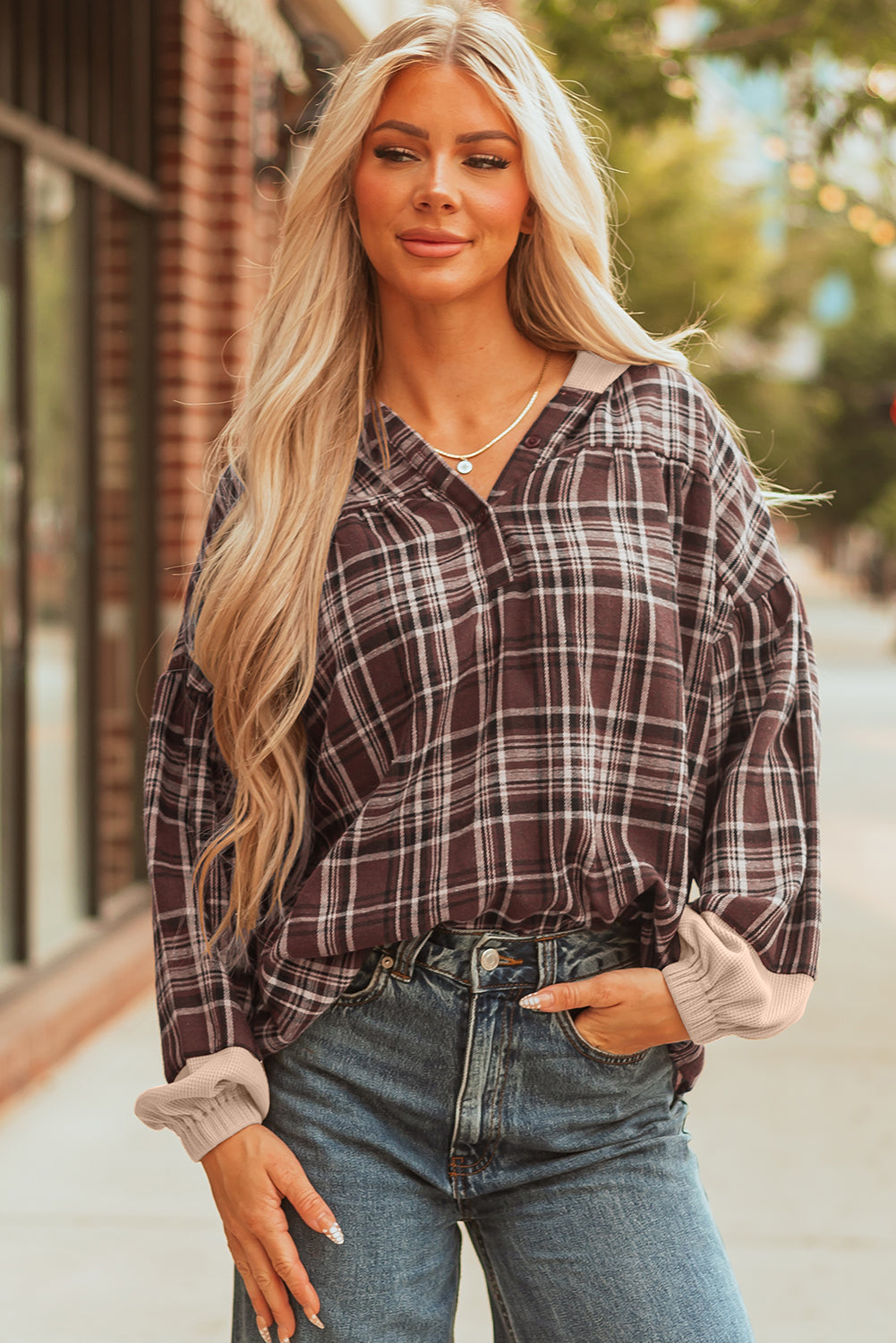 Brown Plaid Patchwork Long Sleeve Button Hooded Blouse