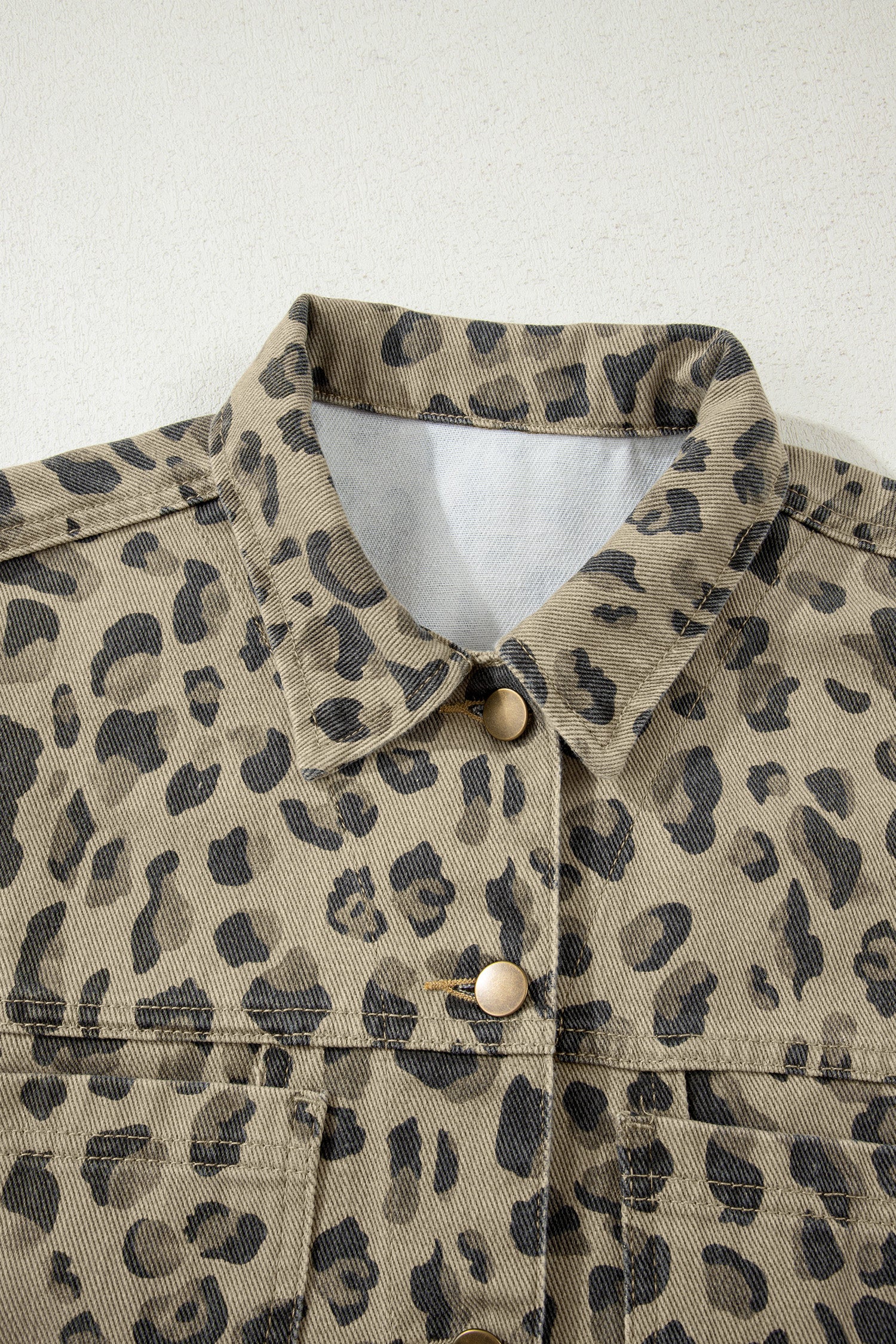 Khaki Retro Leopard Print Seam Detail Button Down Denim Jacket