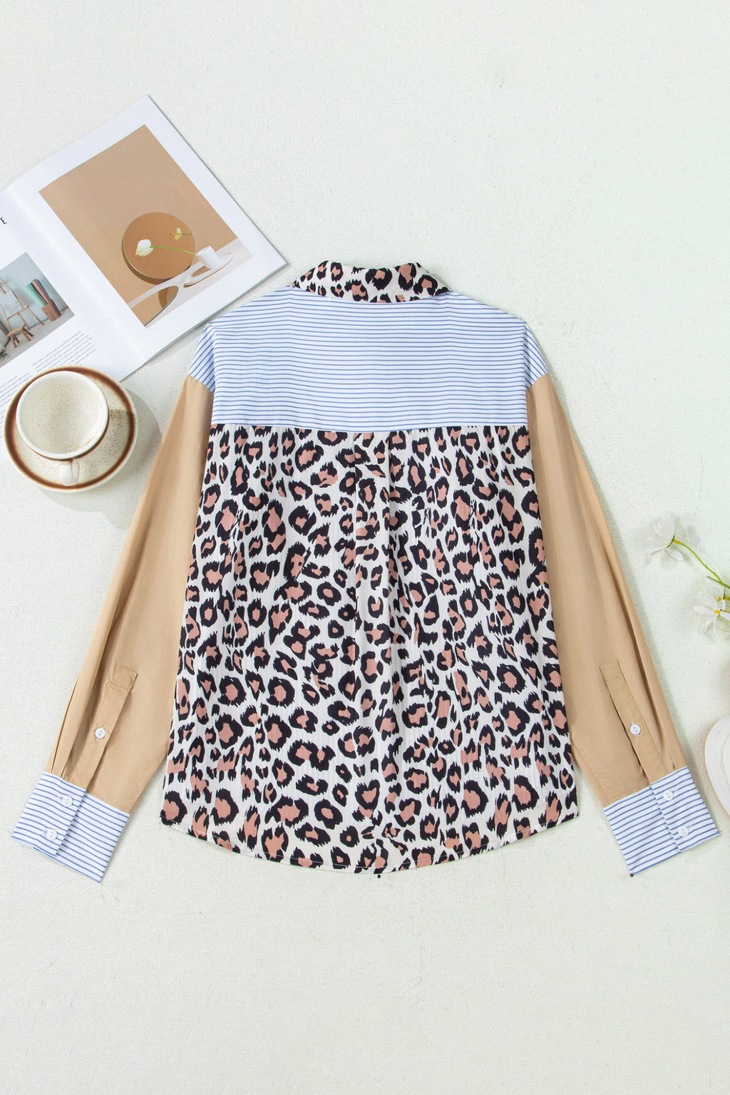 Sky Blue Stripe Colorblock Leopard Patchwork Chest Pocket Cuffed Sleeve Shirt