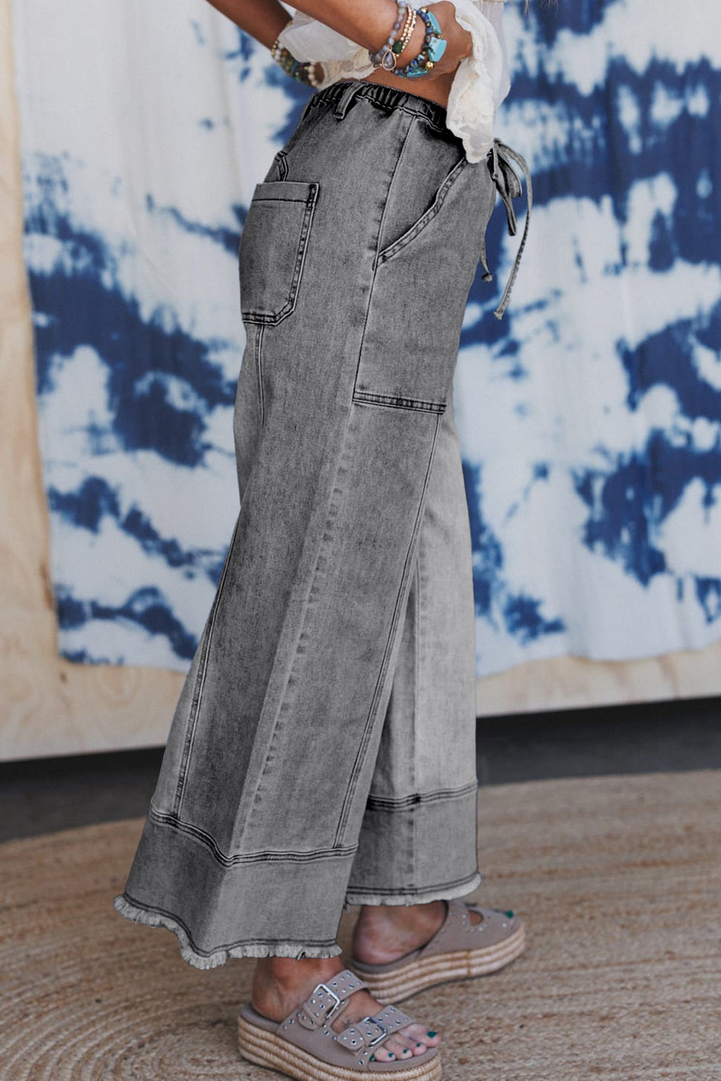 Gray Drawstring Seam Detail Raw Hem Wide Leg Denim Pants
